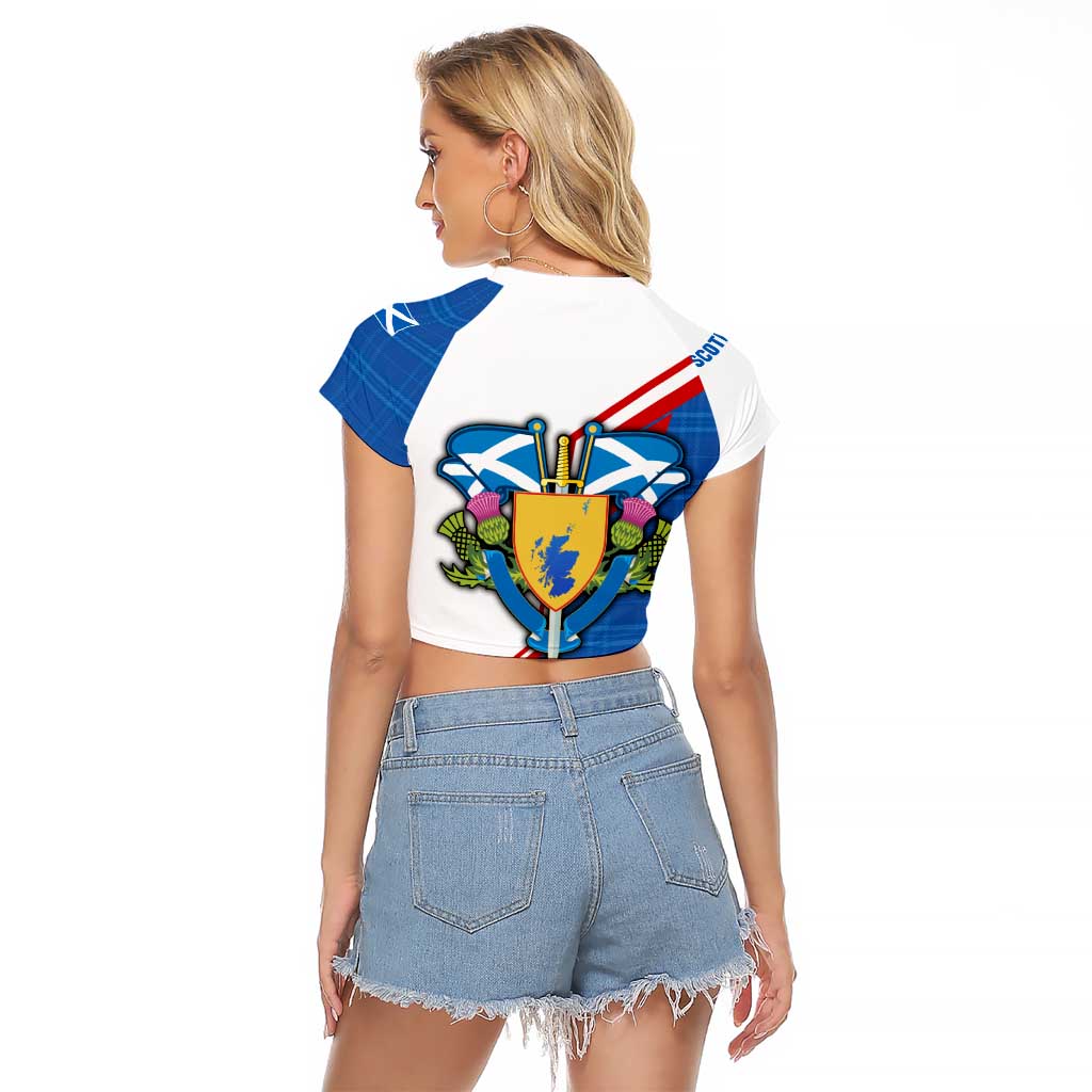 Scotland Blue Tartan Raglan Cropped T Shirt with Crest and Saltire Shield Design - Wonder Print Shop