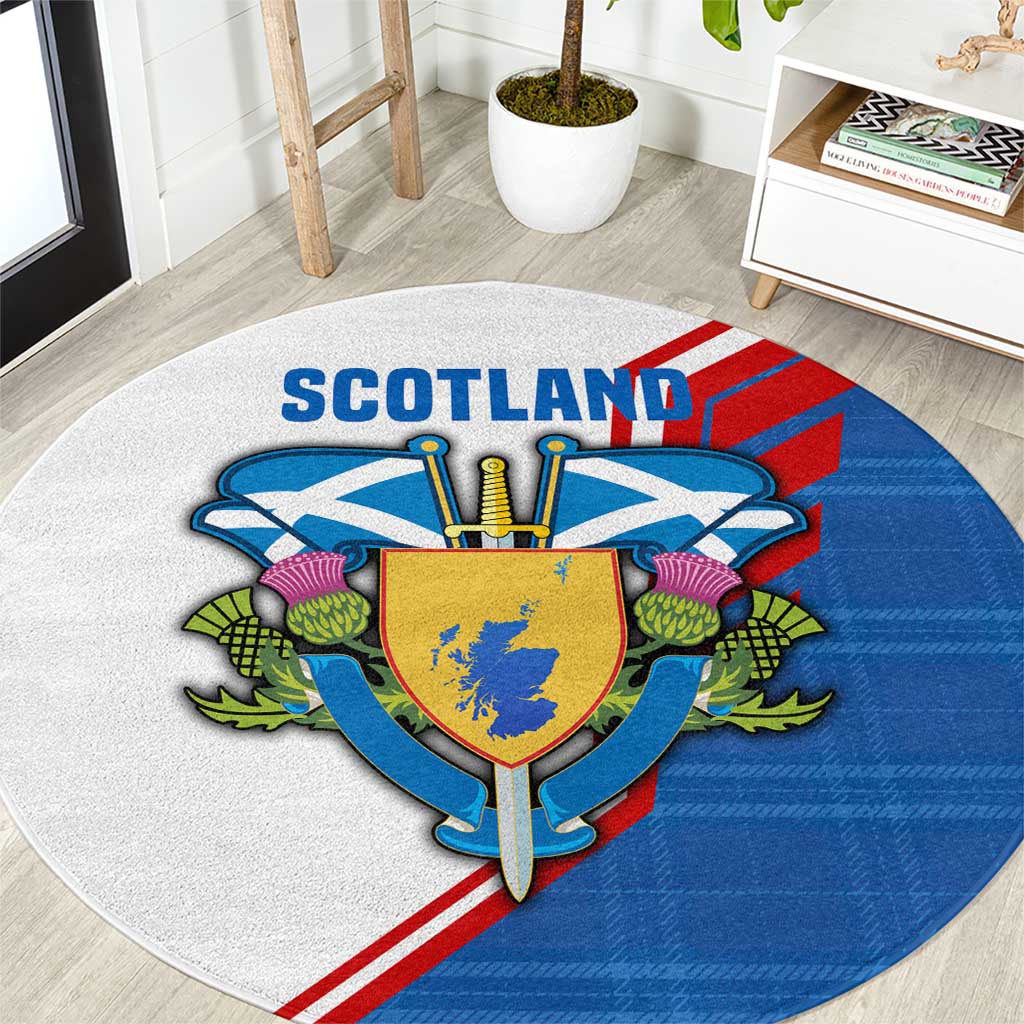 Scotland Blue Tartan Round Carpet with Crest and Saltire Shield Design - Wonder Print Shop