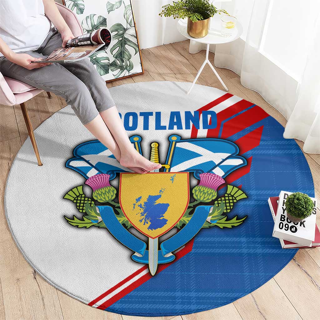 Scotland Blue Tartan Round Carpet with Crest and Saltire Shield Design - Wonder Print Shop