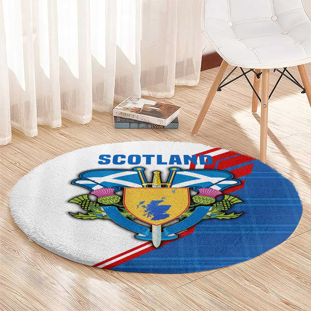 Scotland Blue Tartan Round Carpet with Crest and Saltire Shield Design - Wonder Print Shop