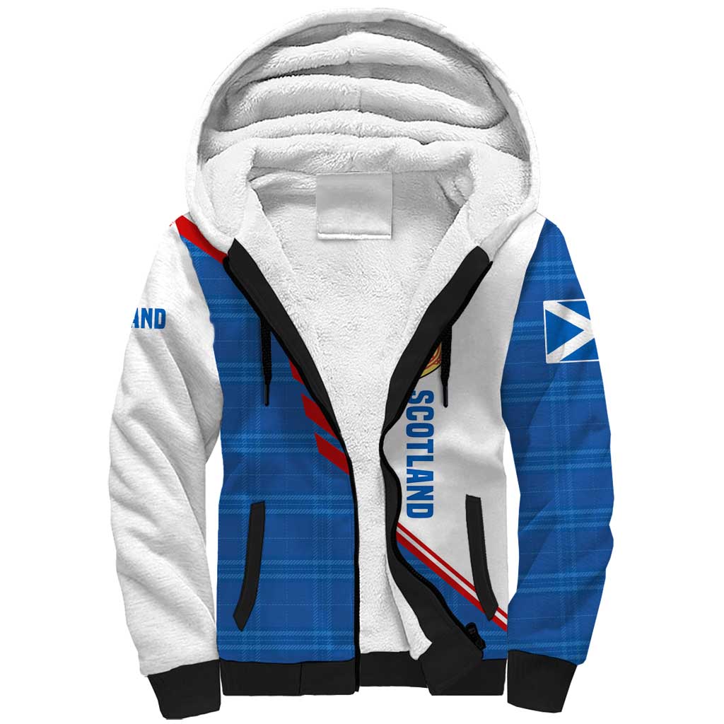 Scotland Blue Tartan Sherpa Hoodie with Crest and Saltire Shield Design - Wonder Print Shop