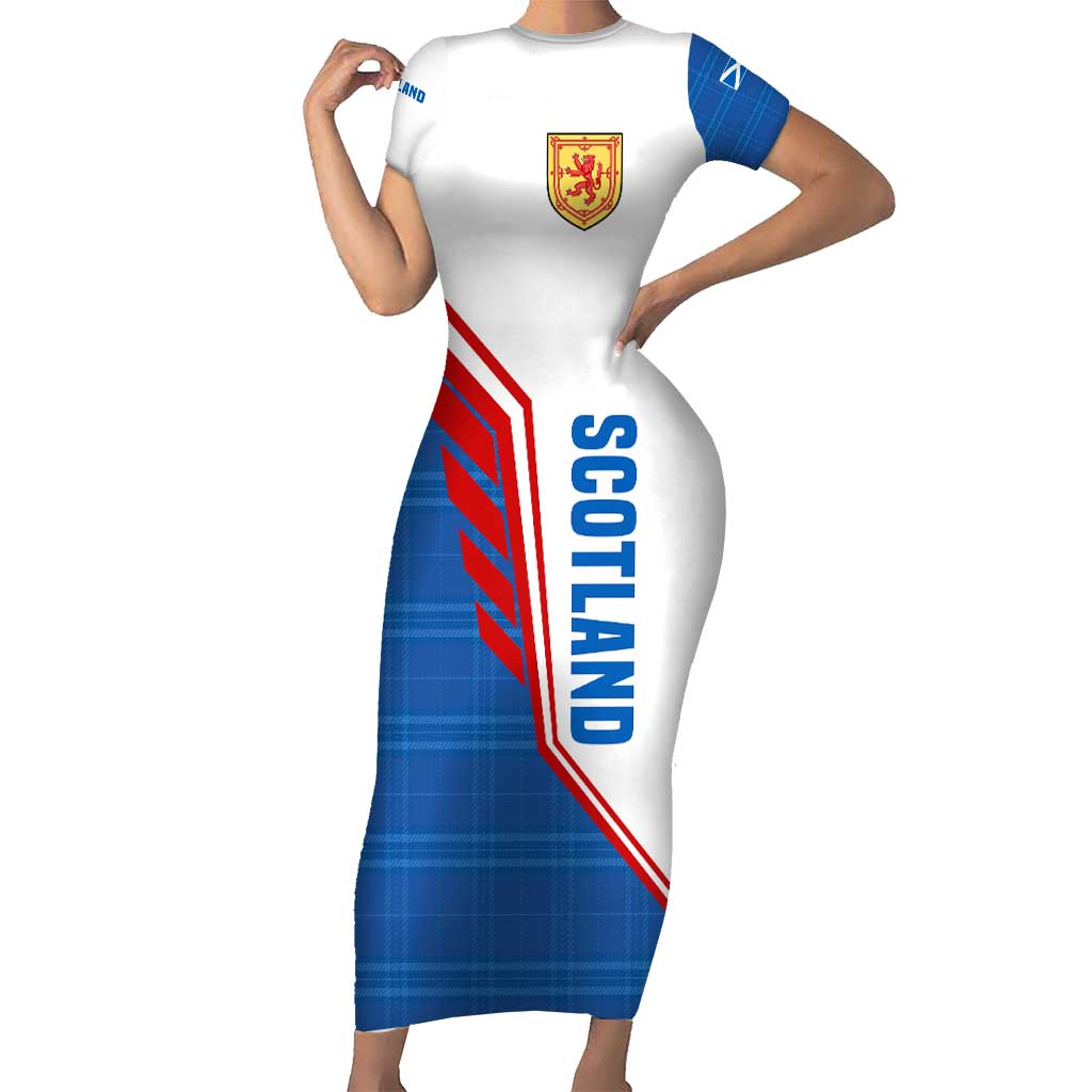 Scotland Blue Tartan Short Sleeve Bodycon Dress with Crest and Saltire Shield Design - Wonder Print Shop