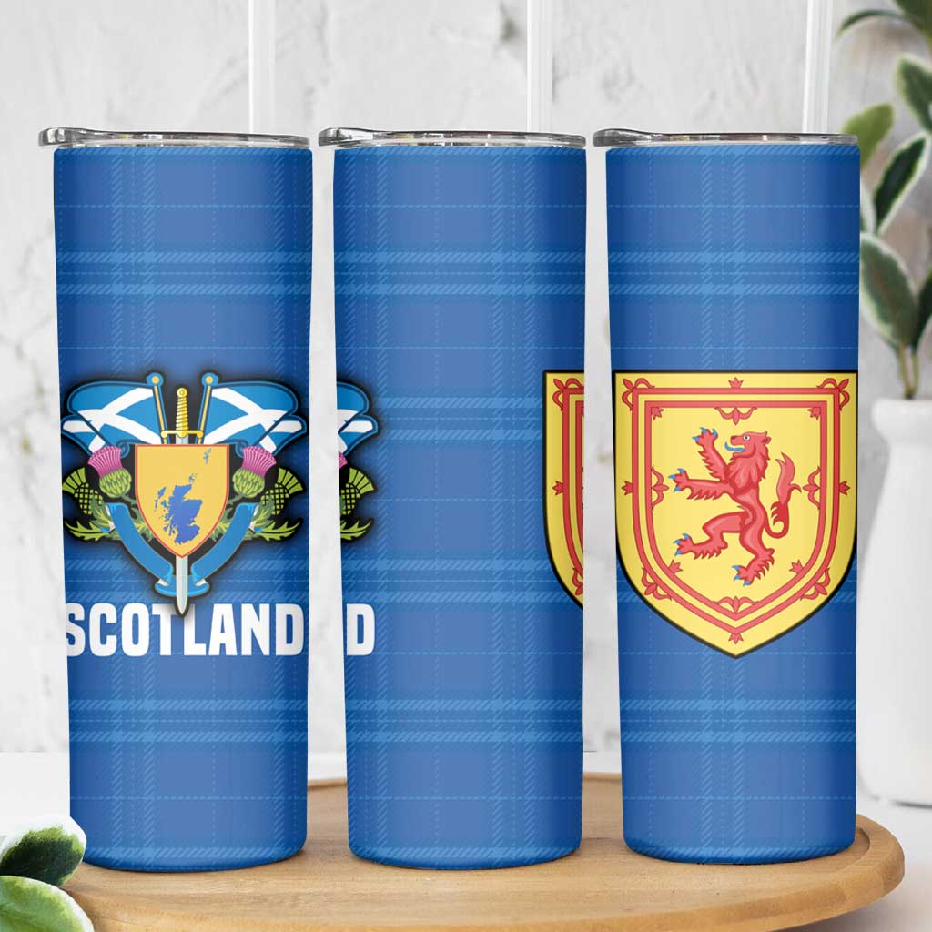 Scotland Blue Tartan Skinny Tumbler with Crest and Saltire Shield Design - Wonder Print Shop