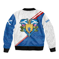 Scotland Blue Tartan Sleeve Zip Bomber Jacket with Crest and Saltire Shield Design - Wonder Print Shop