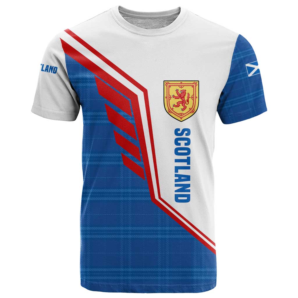 Scotland Blue Tartan T Shirt with Crest and Saltire Shield Design - Wonder Print Shop