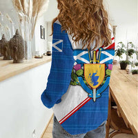 Scotland Blue Tartan Women Casual Shirt with Crest and Saltire Shield Design - Wonder Print Shop