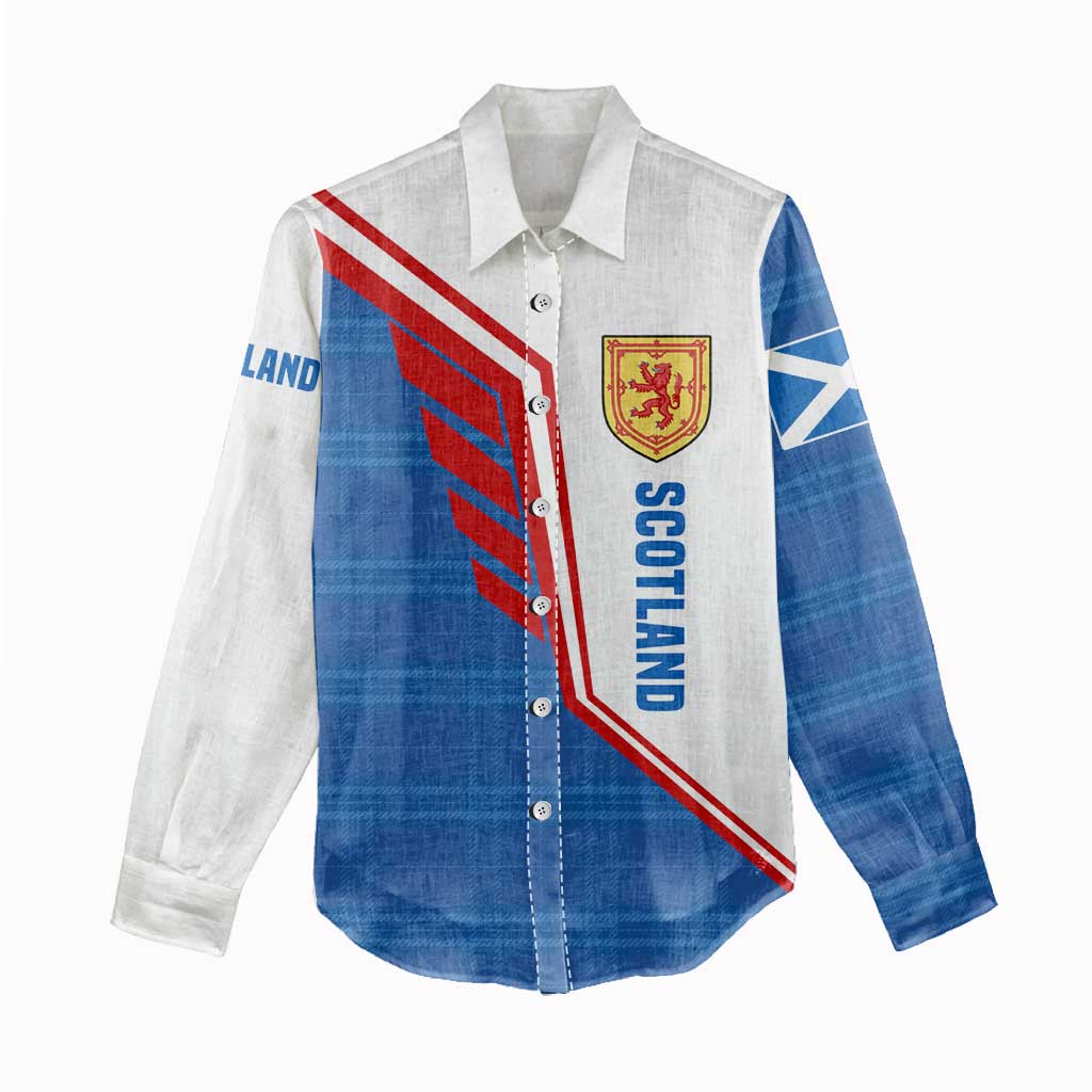Scotland Blue Tartan Women Casual Shirt with Crest and Saltire Shield Design - Wonder Print Shop