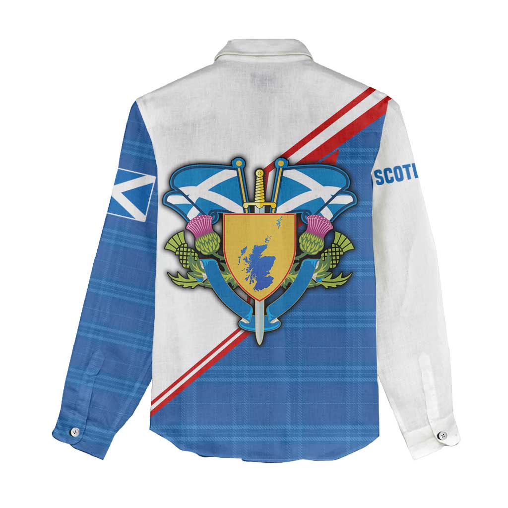 Scotland Blue Tartan Women Casual Shirt with Crest and Saltire Shield Design - Wonder Print Shop