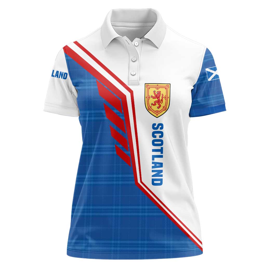 Scotland Blue Tartan Women Polo Shirt with Crest and Saltire Shield Design - Wonder Print Shop