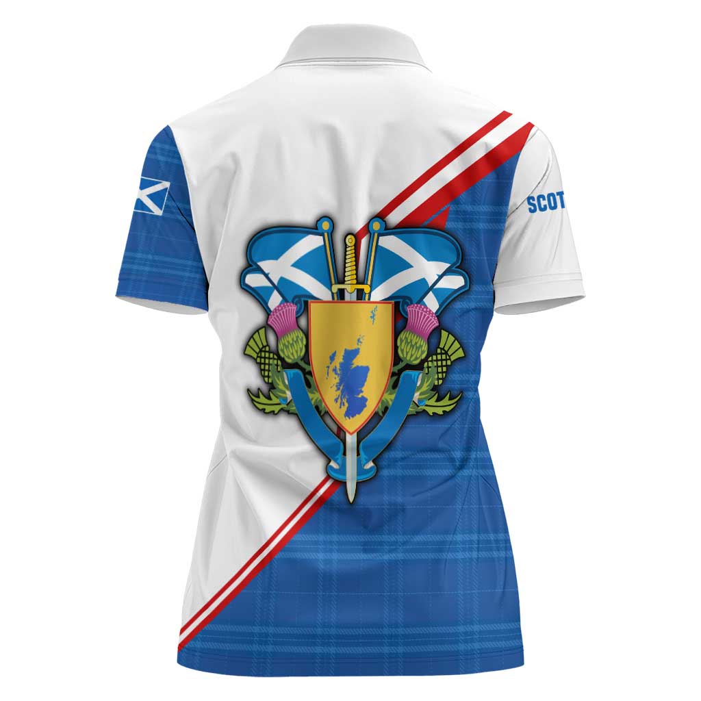 Scotland Blue Tartan Women Polo Shirt with Crest and Saltire Shield Design - Wonder Print Shop