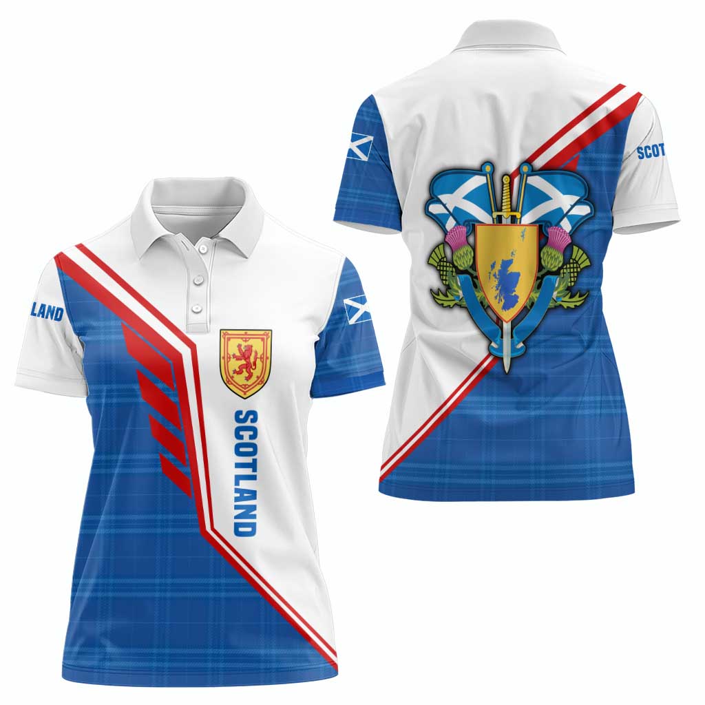 Scotland Blue Tartan Women Polo Shirt with Crest and Saltire Shield Design - Wonder Print Shop