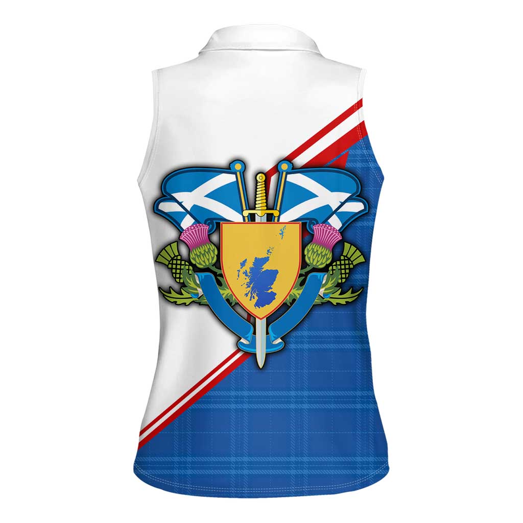 Scotland Blue Tartan Women Sleeveless Polo Shirt with Crest and Saltire Shield Design - Wonder Print Shop