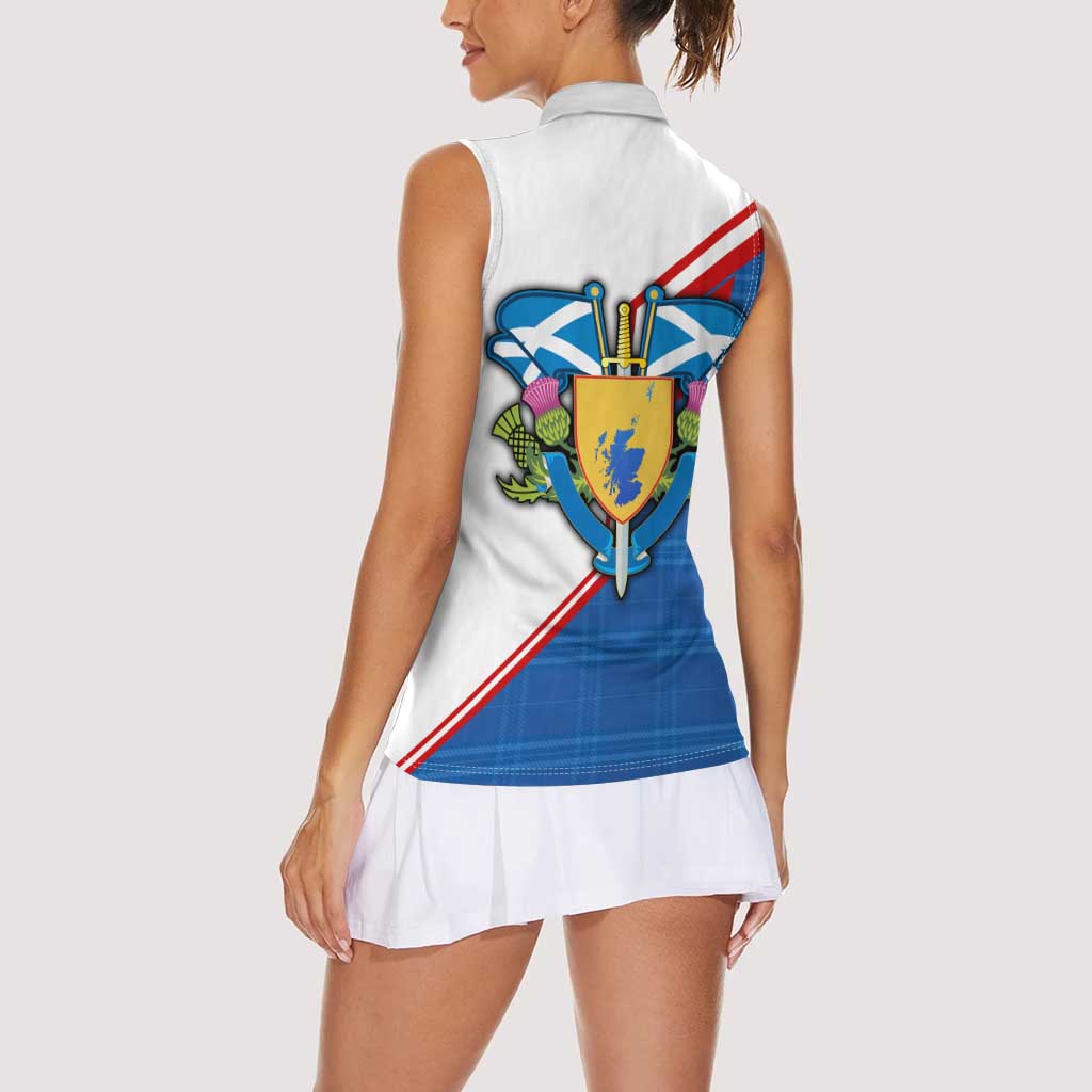 Scotland Blue Tartan Women Sleeveless Polo Shirt with Crest and Saltire Shield Design - Wonder Print Shop