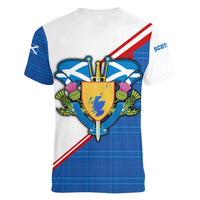 Scotland Blue Tartan Women V-Neck T-Shirt with Crest and Saltire Shield Design - Wonder Print Shop