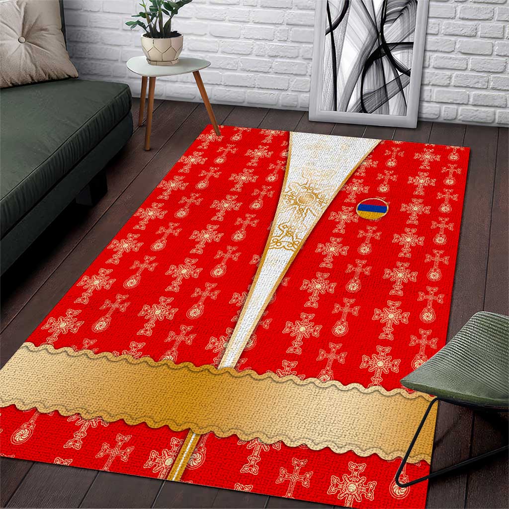 Armenian Traditional Red Area Rug with Gold Cross Pattern and Flag Crest - Wonder Print Shop