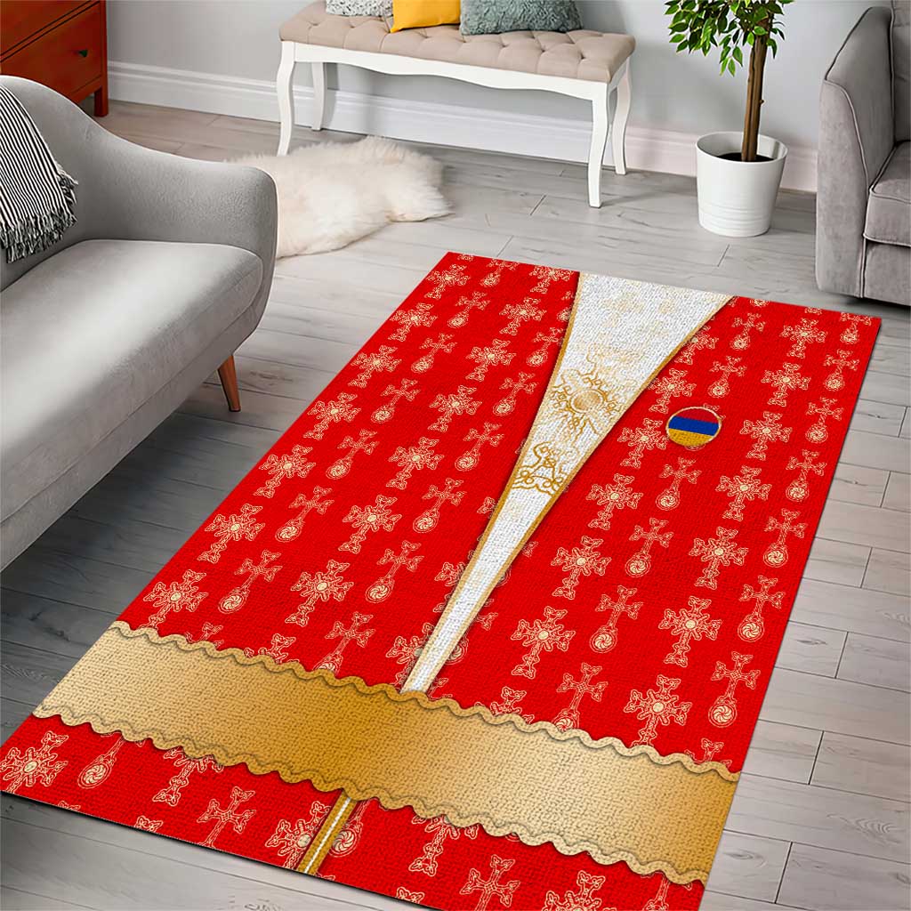 Armenian Traditional Red Area Rug with Gold Cross Pattern and Flag Crest - Wonder Print Shop