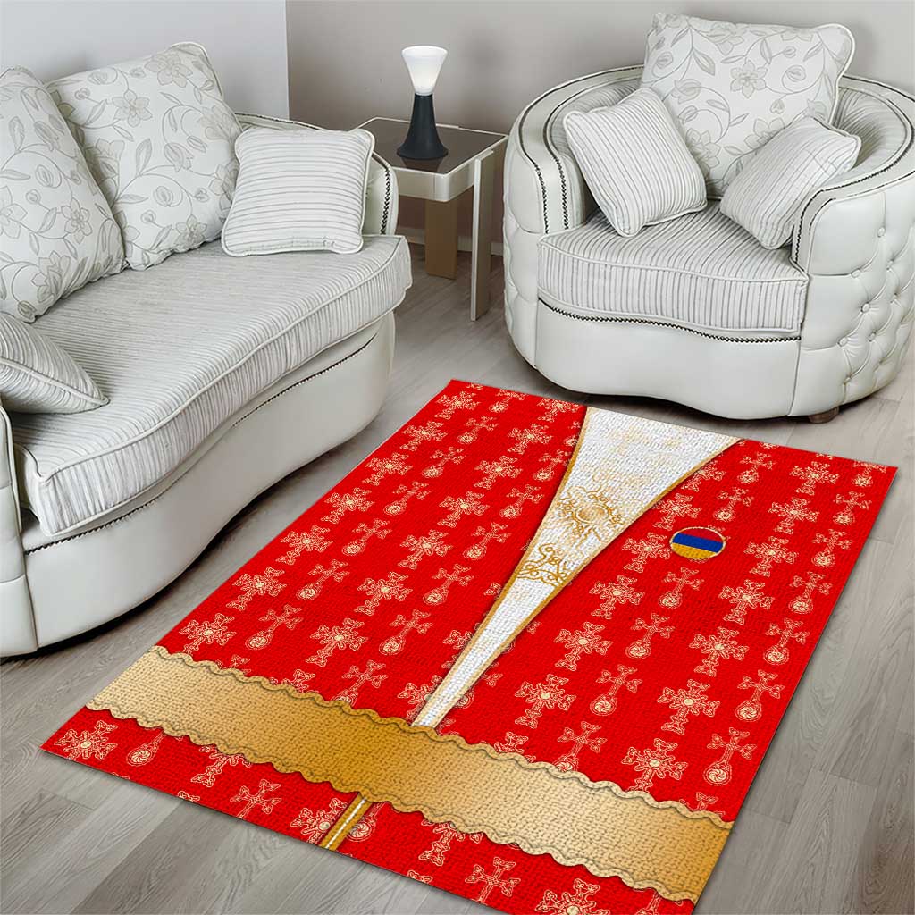 Armenian Traditional Red Area Rug with Gold Cross Pattern and Flag Crest - Wonder Print Shop