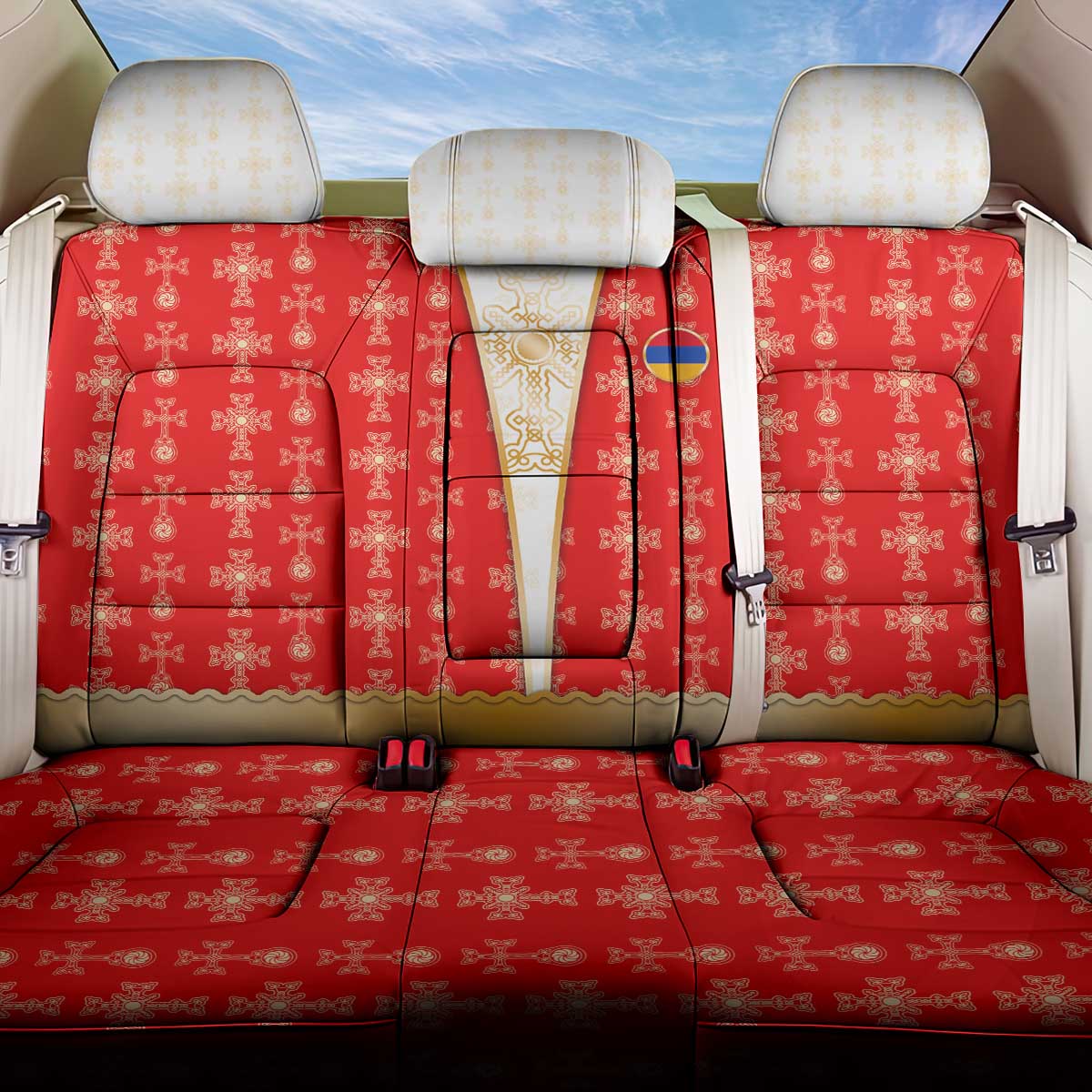 Armenian Traditional Red Back Car Seat Cover with Gold Cross Pattern and Flag Crest - Wonder Print Shop