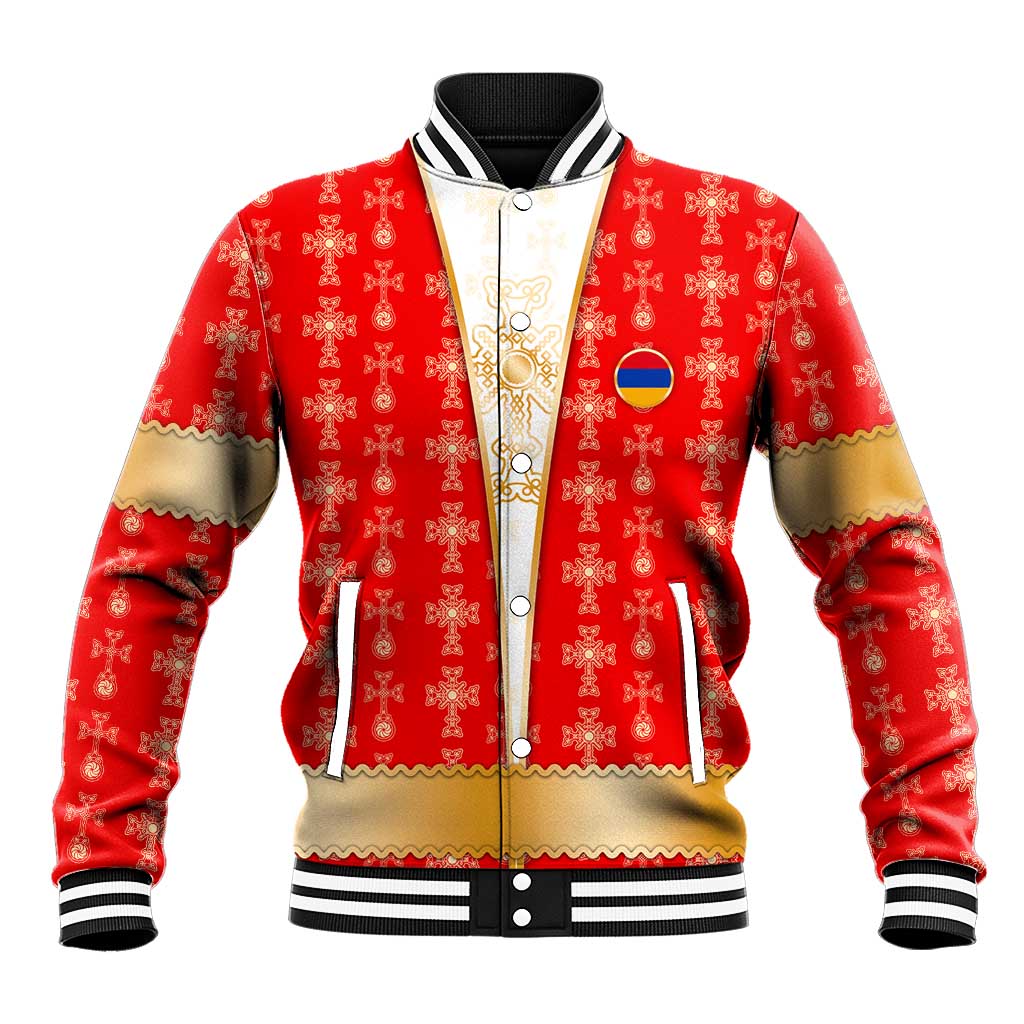 Armenian Traditional Red Baseball Jacket with Gold Cross Pattern and Flag Crest - Wonder Print Shop