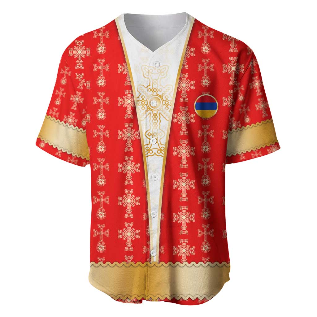 Armenian Traditional Red Baseball Jersey with Gold Cross Pattern and Flag Crest - Wonder Print Shop