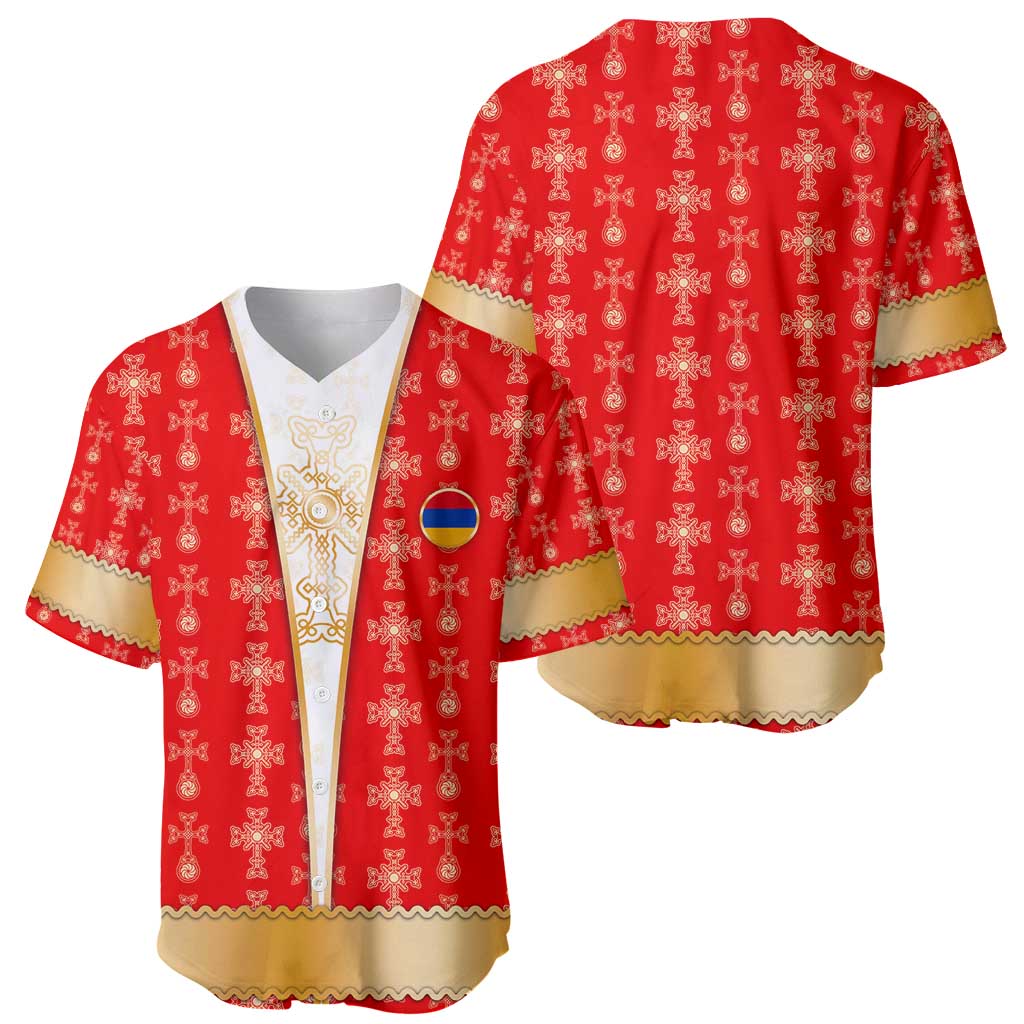 Armenian Traditional Red Baseball Jersey with Gold Cross Pattern and Flag Crest - Wonder Print Shop
