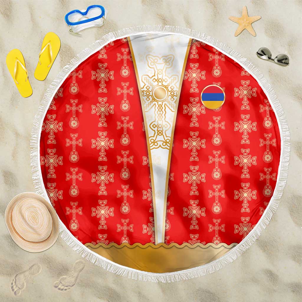 Armenian Traditional Red Beach Blanket with Gold Cross Pattern and Flag Crest - Wonder Print Shop