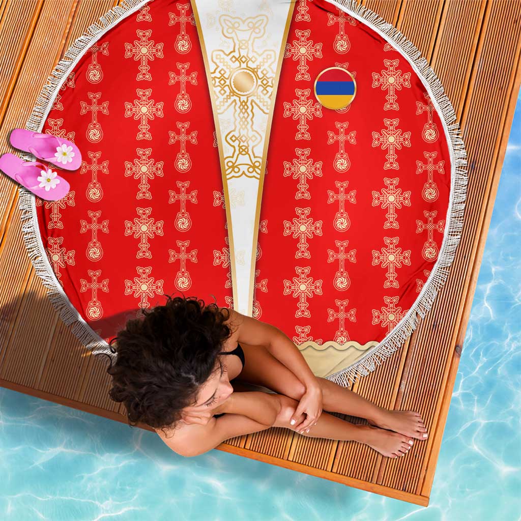 Armenian Traditional Red Beach Blanket with Gold Cross Pattern and Flag Crest - Wonder Print Shop