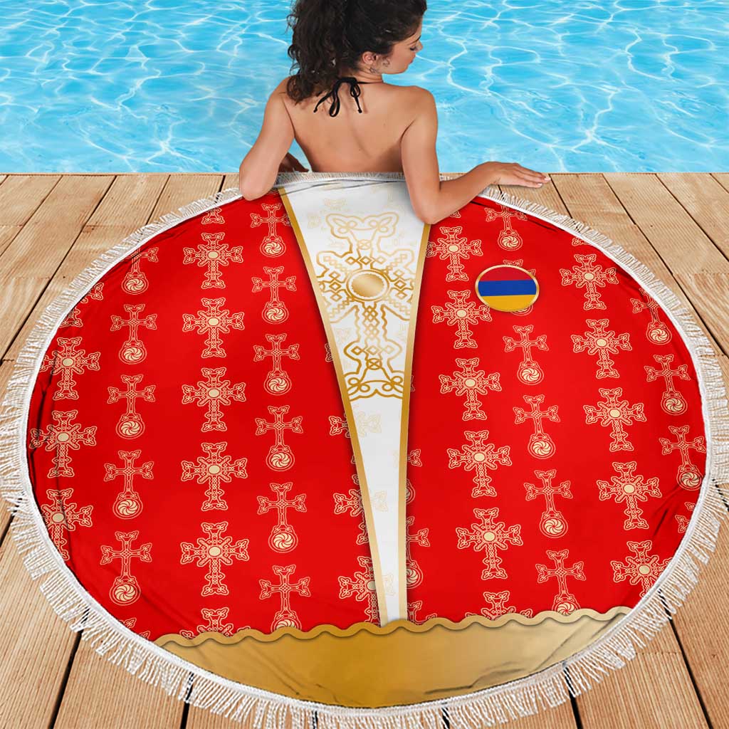 Armenian Traditional Red Beach Blanket with Gold Cross Pattern and Flag Crest - Wonder Print Shop