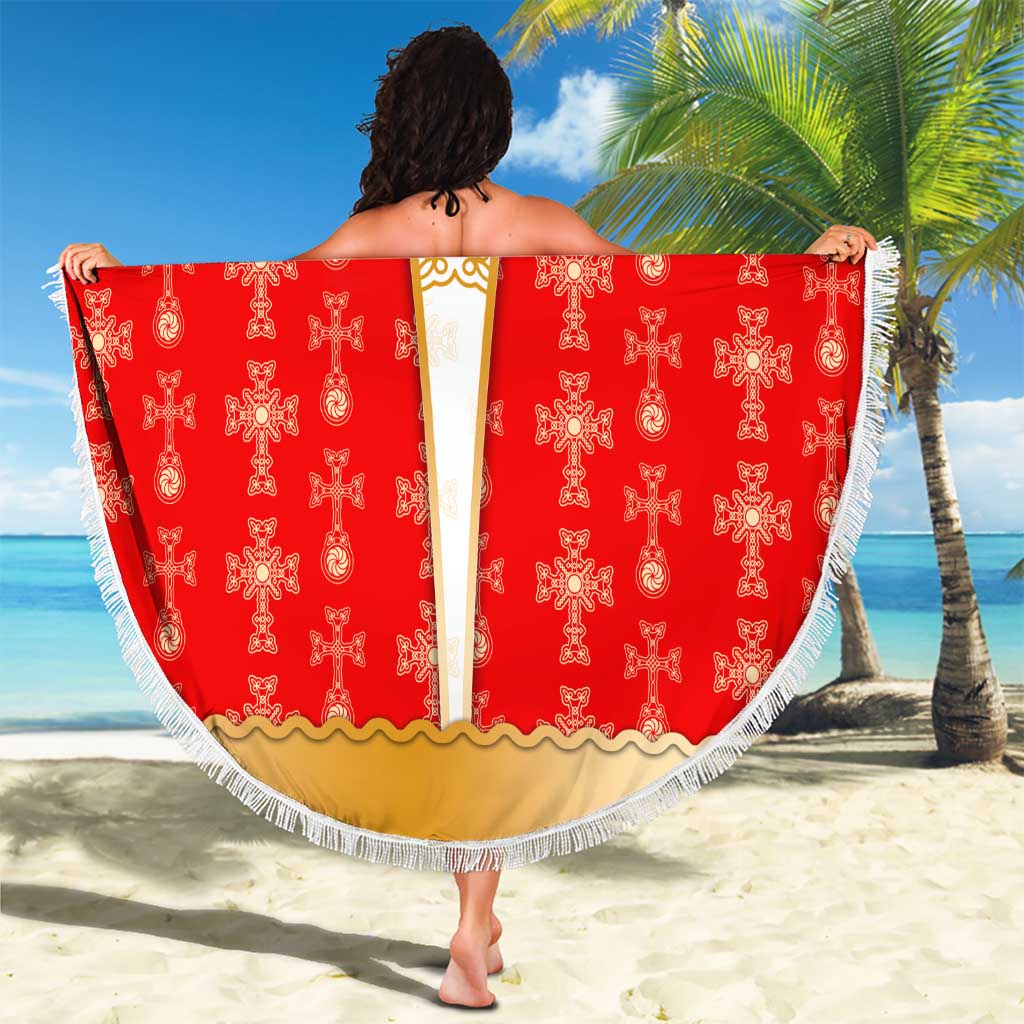 Armenian Traditional Red Beach Blanket with Gold Cross Pattern and Flag Crest - Wonder Print Shop