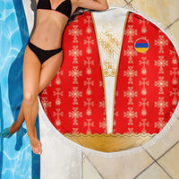 Armenian Traditional Red Beach Blanket with Gold Cross Pattern and Flag Crest - Wonder Print Shop