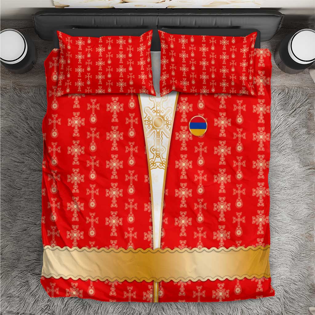 Armenian Traditional Red Bedding Set with Gold Cross Pattern and Flag Crest - Wonder Print Shop