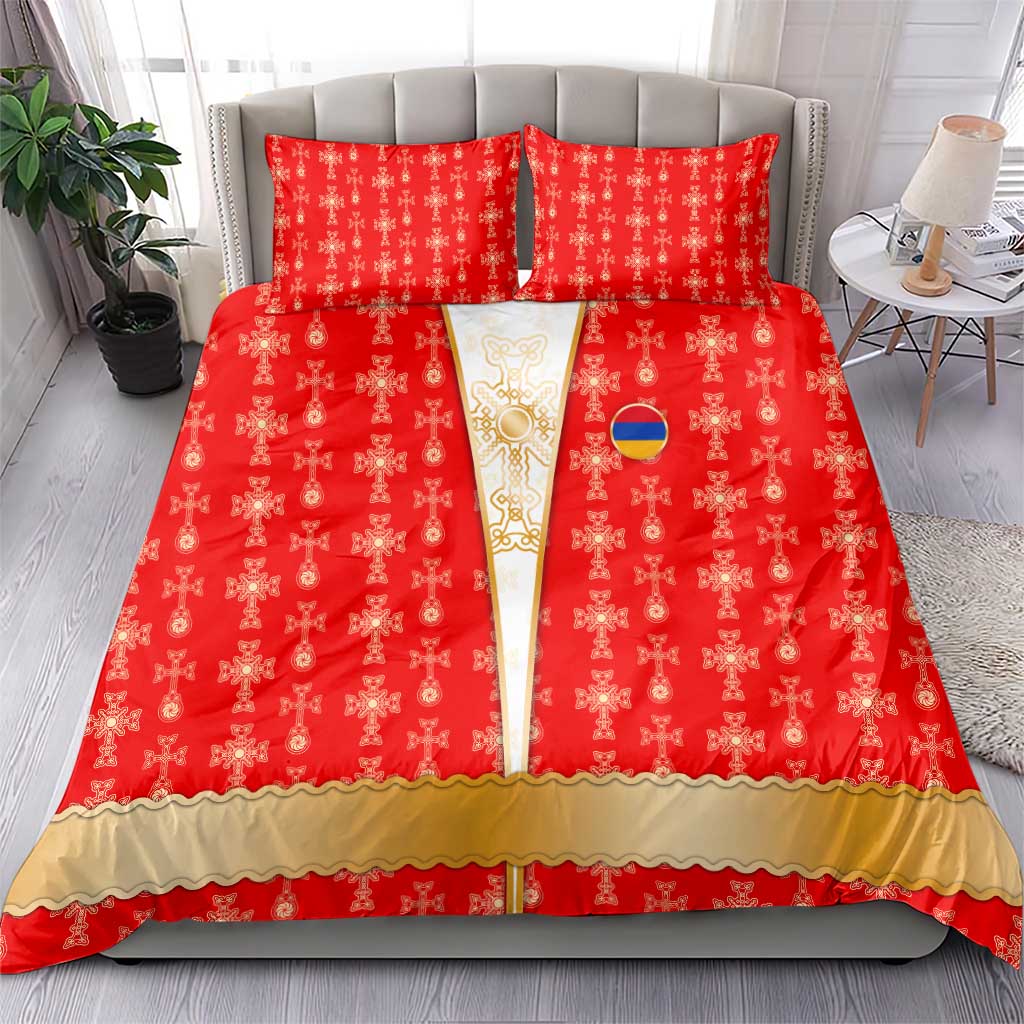Armenian Traditional Red Bedding Set with Gold Cross Pattern and Flag Crest - Wonder Print Shop