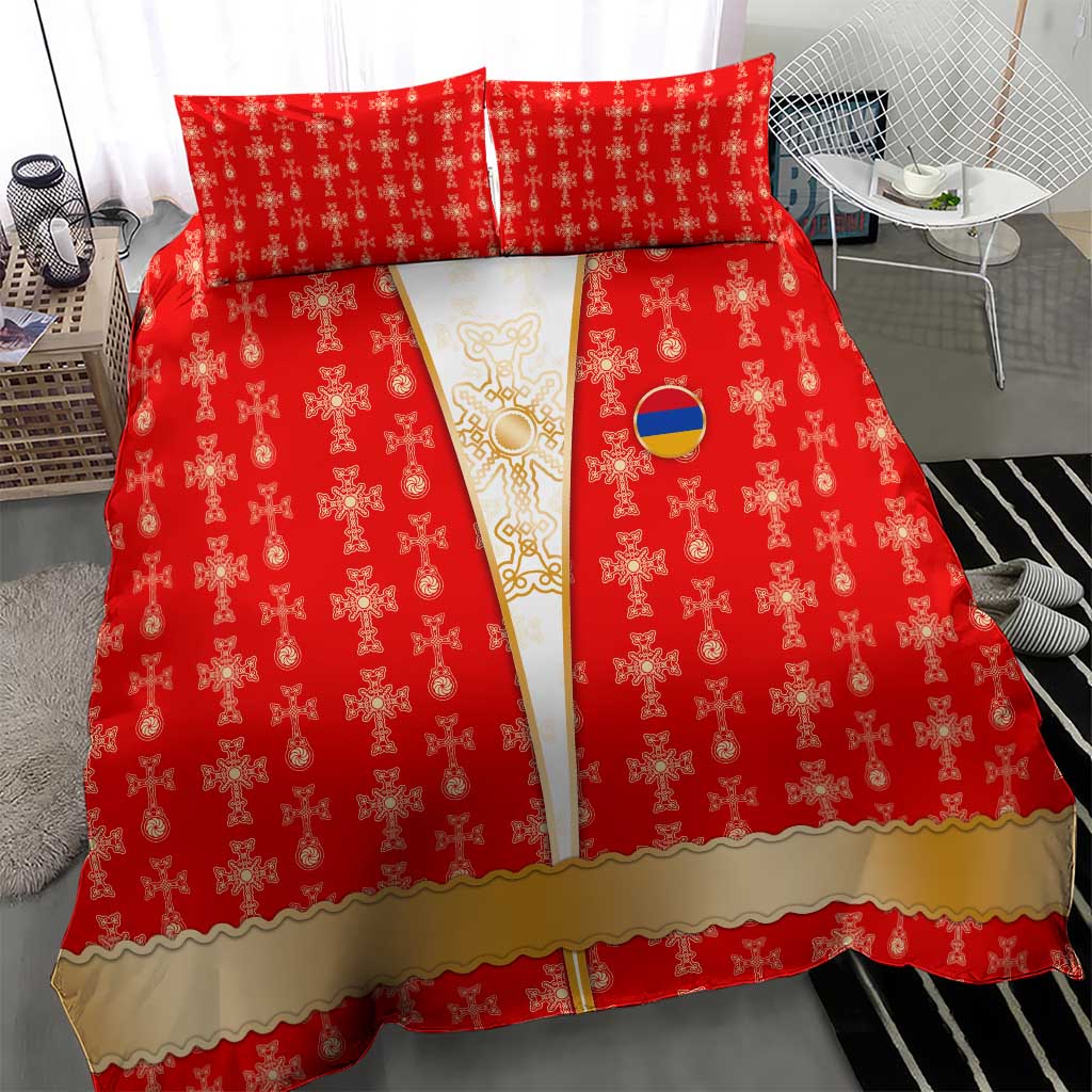 Armenian Traditional Red Bedding Set with Gold Cross Pattern and Flag Crest - Wonder Print Shop