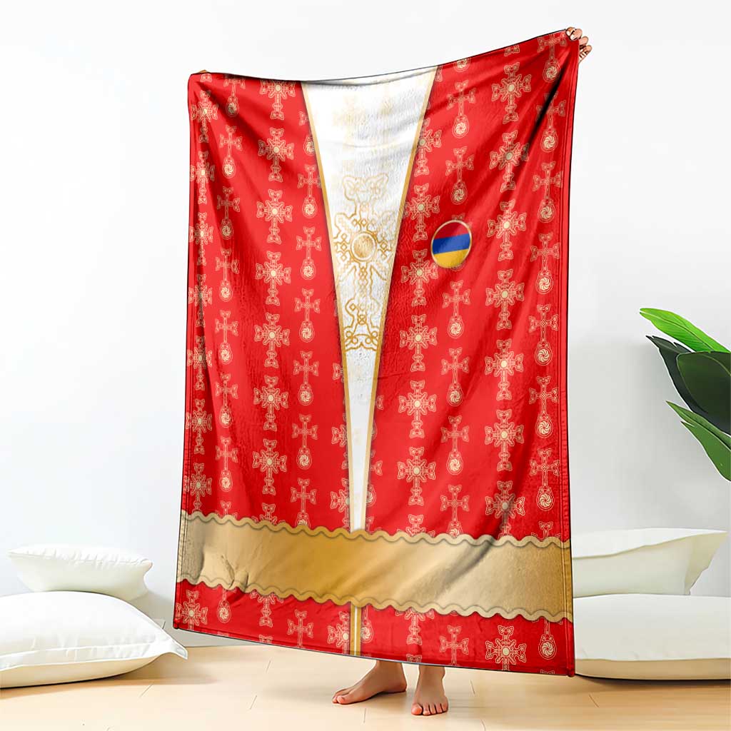 Armenian Traditional Red Blanket with Gold Cross Pattern and Flag Crest - Wonder Print Shop