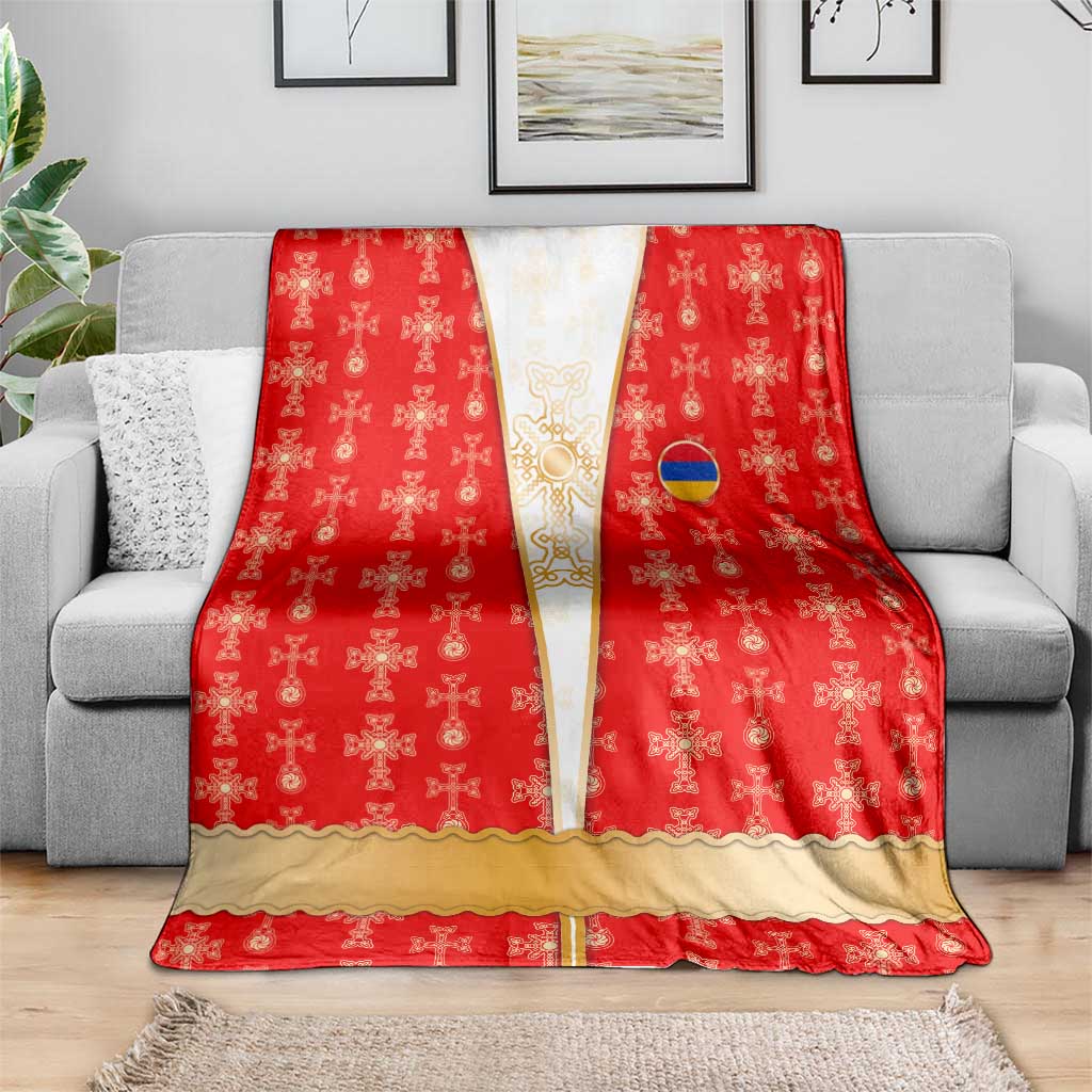 Armenian Traditional Red Blanket with Gold Cross Pattern and Flag Crest - Wonder Print Shop