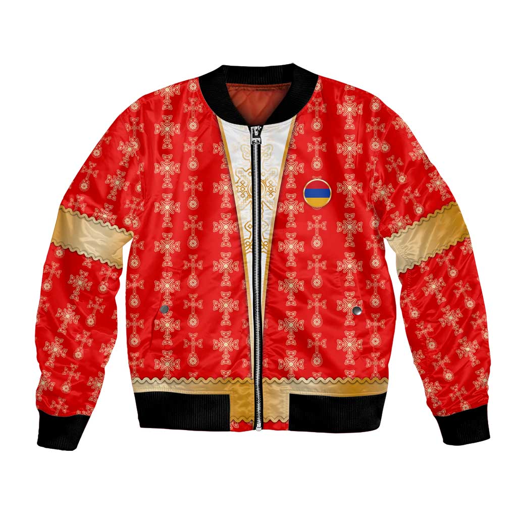 Armenian Traditional Red Bomber Jacket with Gold Cross Pattern and Flag Crest - Wonder Print Shop