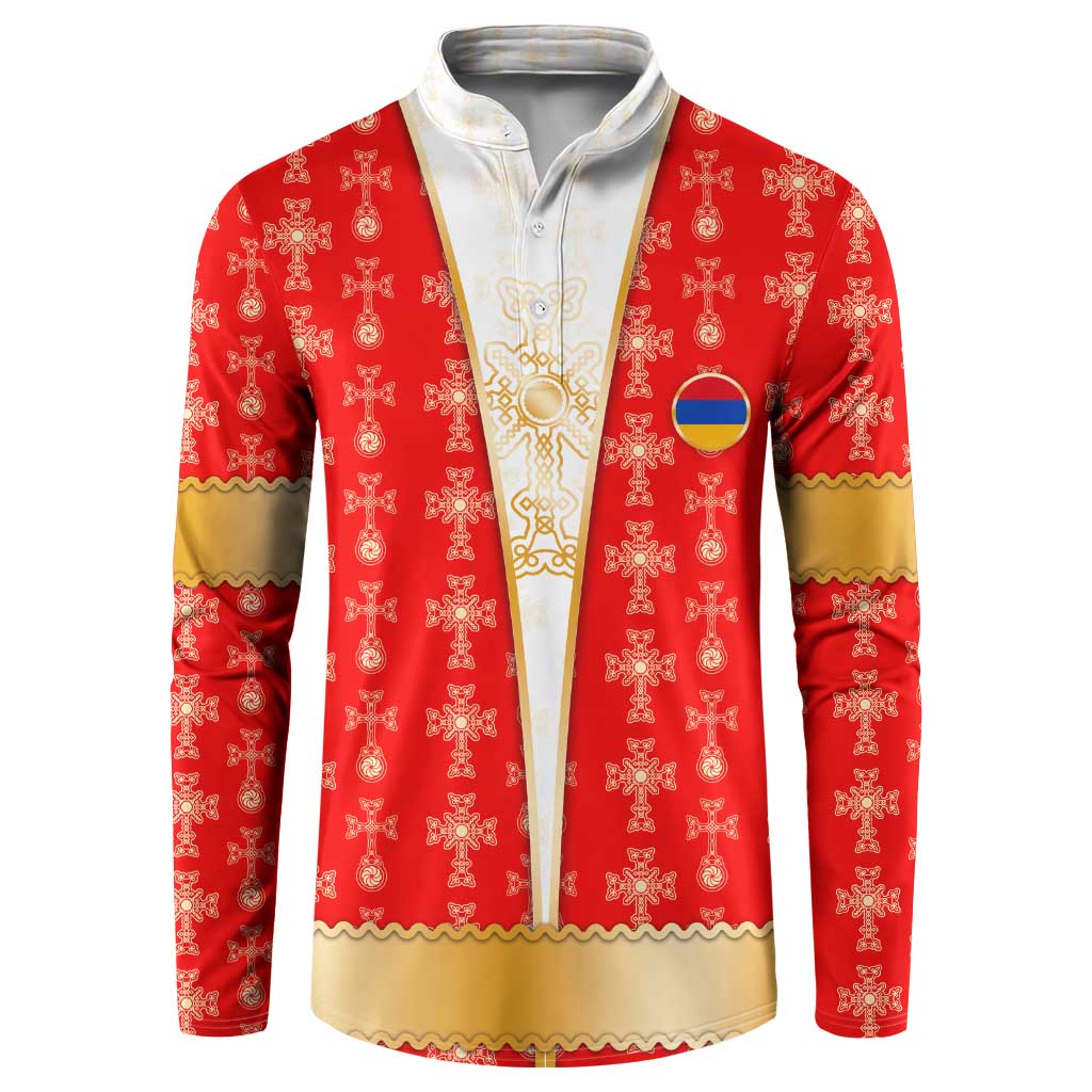 Armenian Traditional Red Button Sweatshirt with Gold Cross Pattern and Flag Crest - Wonder Print Shop