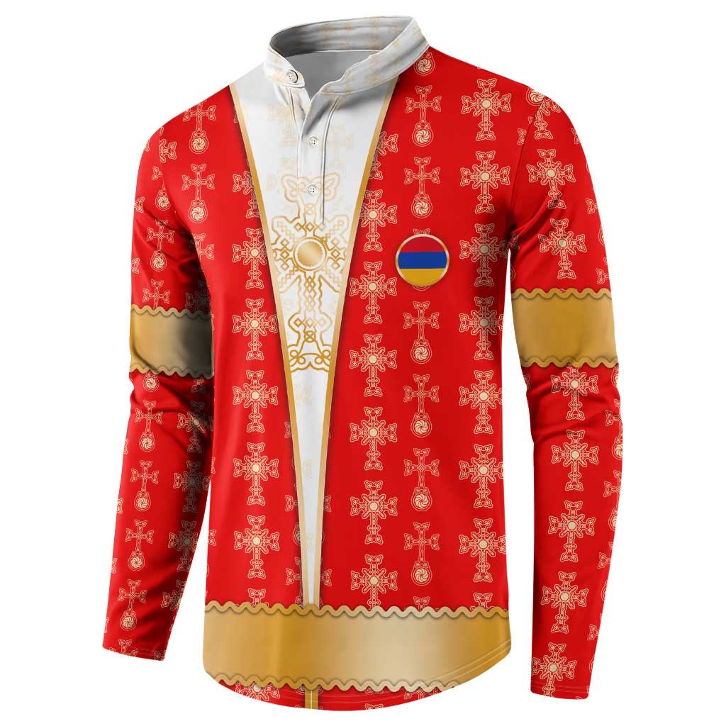 Armenian Traditional Red Button Sweatshirt with Gold Cross Pattern and Flag Crest - Wonder Print Shop