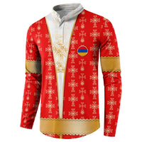 Armenian Traditional Red Button Sweatshirt with Gold Cross Pattern and Flag Crest - Wonder Print Shop