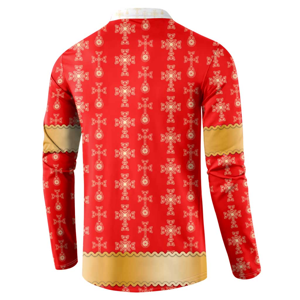 Armenian Traditional Red Button Sweatshirt with Gold Cross Pattern and Flag Crest - Wonder Print Shop
