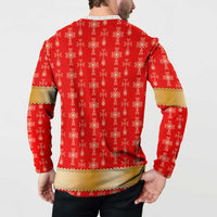 Armenian Traditional Red Button Sweatshirt with Gold Cross Pattern and Flag Crest - Wonder Print Shop