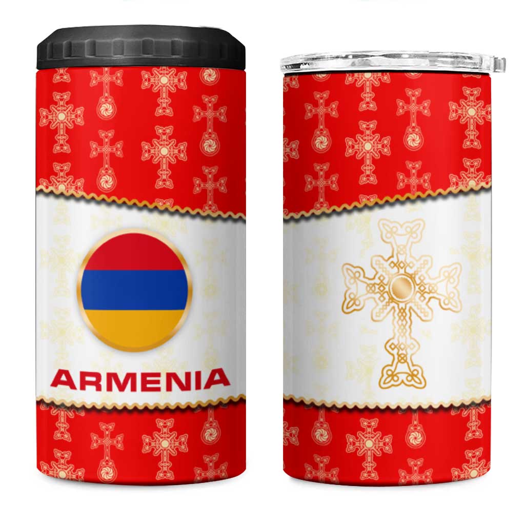 Armenian Traditional Red 4 in 1 Can Cooler Tumbler with Gold Cross Pattern and Flag Crest - Wonder Print Shop
