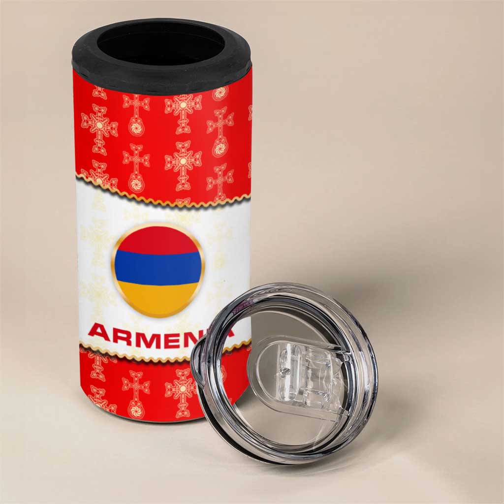 Armenian Traditional Red 4 in 1 Can Cooler Tumbler with Gold Cross Pattern and Flag Crest - Wonder Print Shop