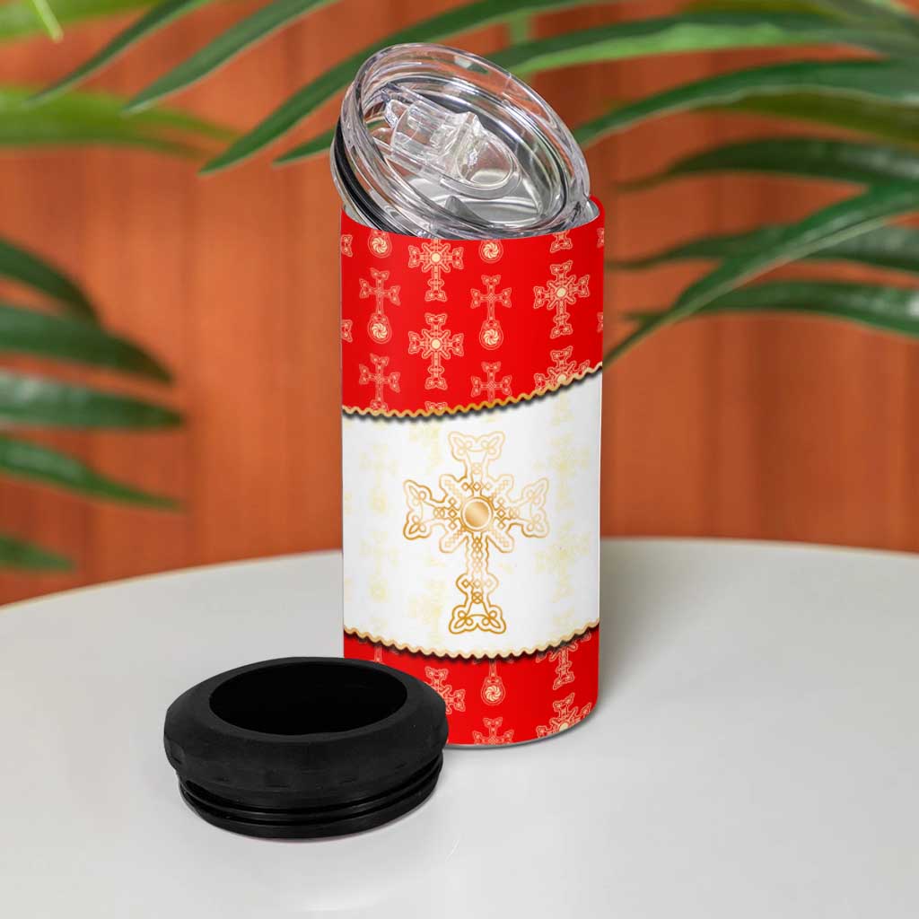 Armenian Traditional Red 4 in 1 Can Cooler Tumbler with Gold Cross Pattern and Flag Crest - Wonder Print Shop