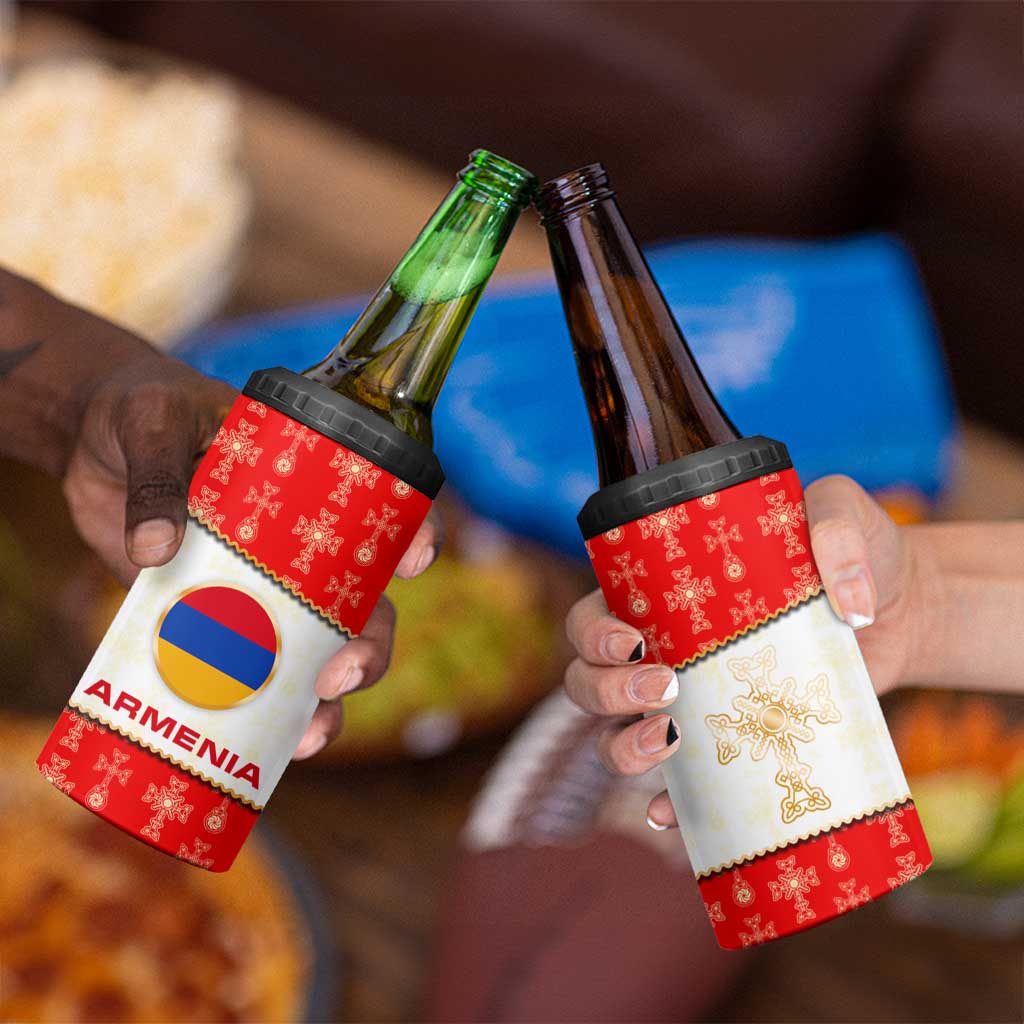 Armenian Traditional Red 4 in 1 Can Cooler Tumbler with Gold Cross Pattern and Flag Crest - Wonder Print Shop