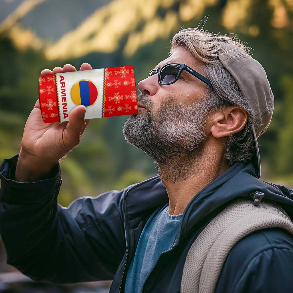 Armenian Traditional Red 4 in 1 Can Cooler Tumbler with Gold Cross Pattern and Flag Crest - Wonder Print Shop