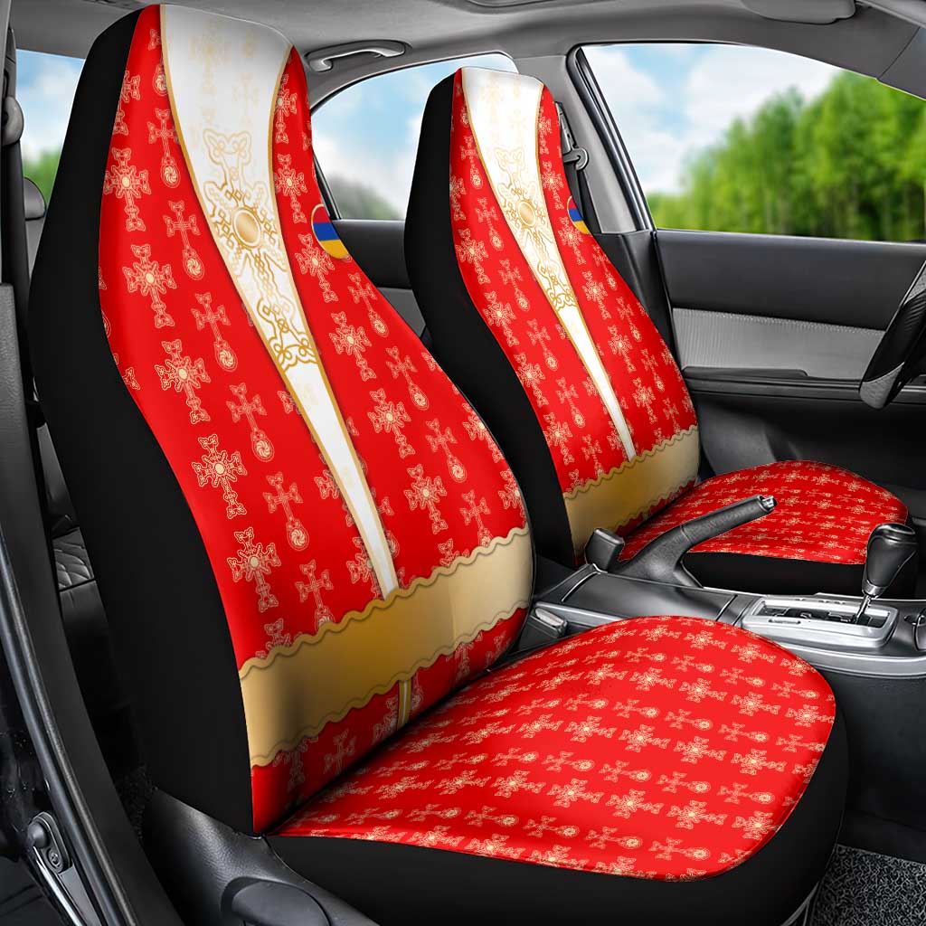 Armenian Traditional Red Car Seat Cover with Gold Cross Pattern and Flag Crest - Wonder Print Shop