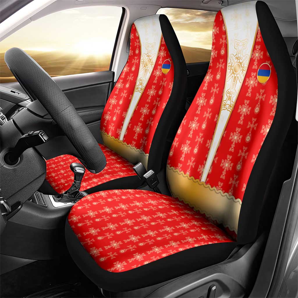 Armenian Traditional Red Car Seat Cover with Gold Cross Pattern and Flag Crest - Wonder Print Shop