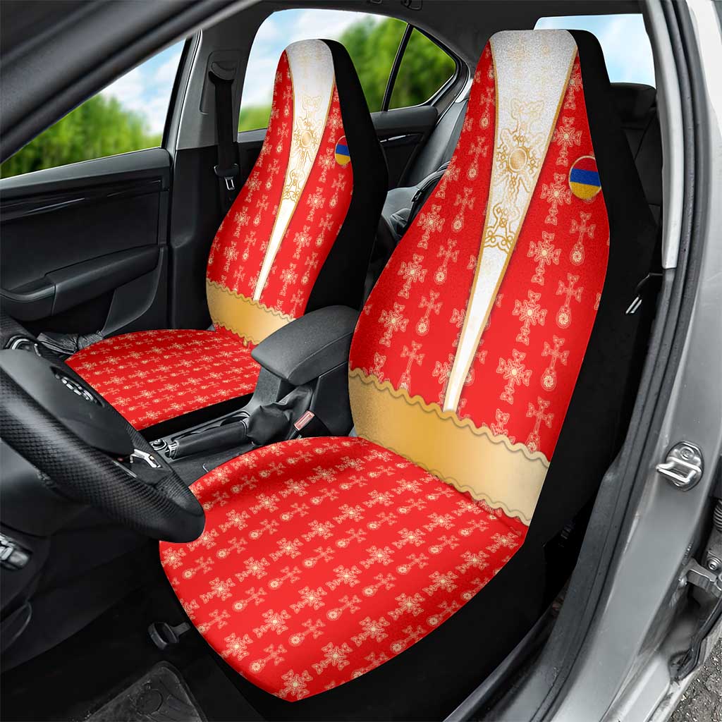 Armenian Traditional Red Car Seat Cover with Gold Cross Pattern and Flag Crest - Wonder Print Shop