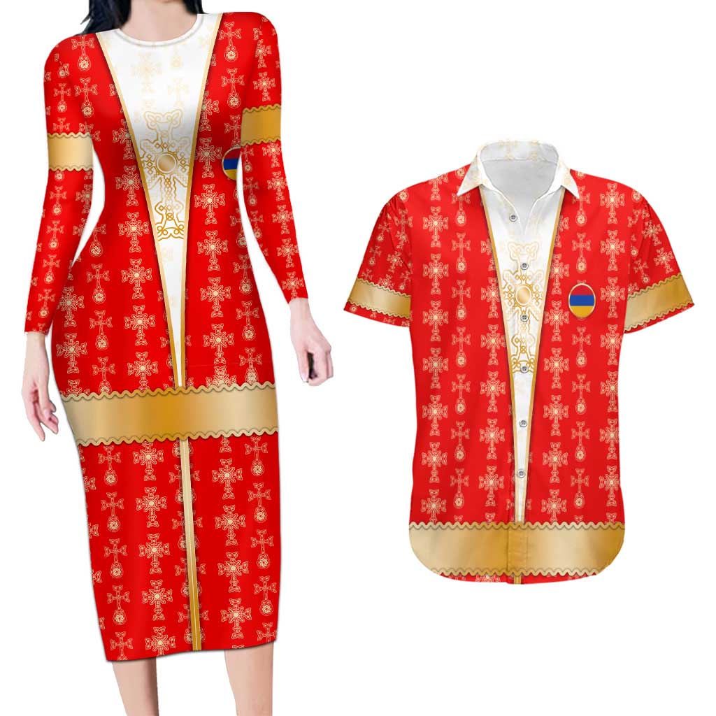 Armenian Traditional Red Couples Matching Long Sleeve Bodycon Dress and Hawaiian Shirt with Gold Cross Pattern and Flag Crest - Wonder Print Shop